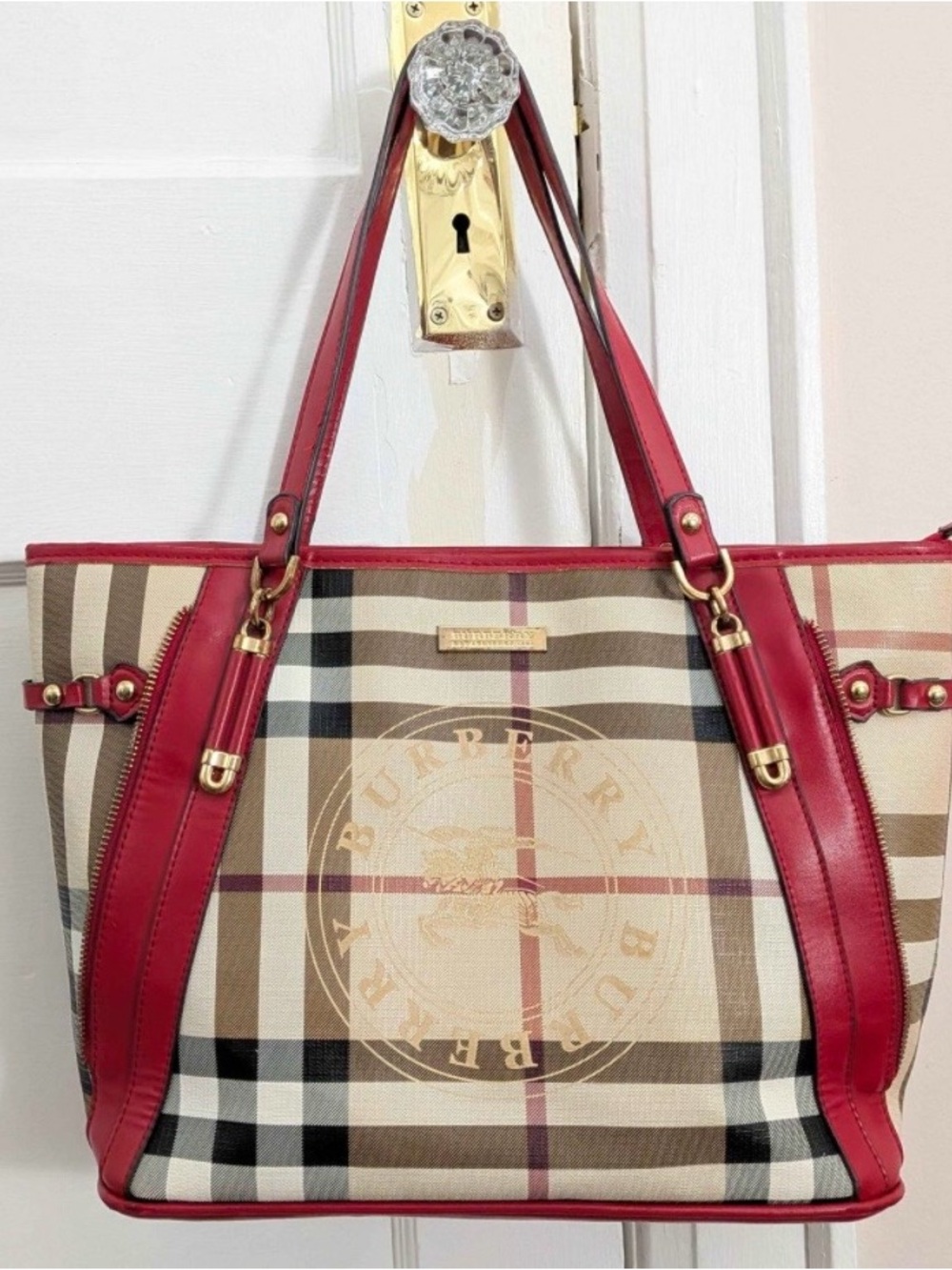 Authentic Burberry Large Beige Plaid Tote with Red Trim